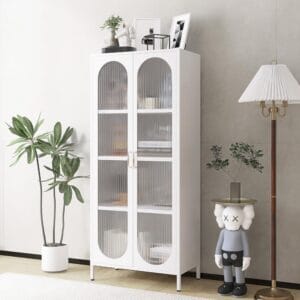 Tall Metal Display Cabinet with Glass Doors and Shelves