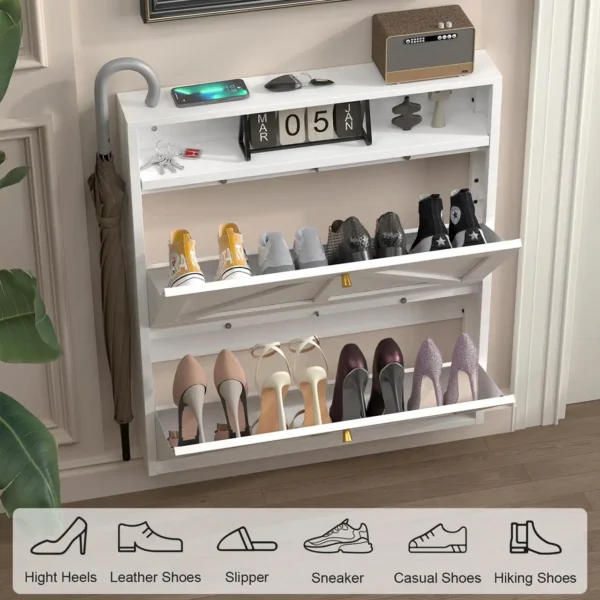 Slim Narrow Shoe Cabinet for Entryway – Wall Mounted Space-Saving Shoe Storage Organizer with Top Open Shelf - Image 3