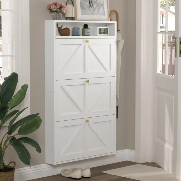 Slim Narrow Shoe Cabinet for Entryway – Wall Mounted Space-Saving Shoe Storage Organizer with Top Open Shelf - Image 4