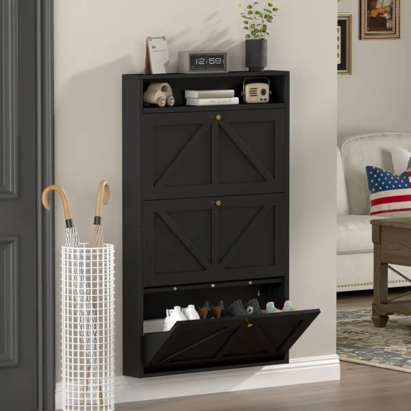 Slim Narrow Shoe Cabinet for Entryway – Wall Mounted Space-Saving Shoe Storage Organizer with Top Open Shelf - Image 9