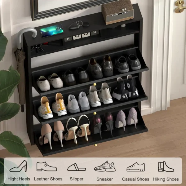 Slim Narrow Shoe Cabinet for Entryway – Wall Mounted Space-Saving Shoe Storage Organizer with Top Open Shelf - Image 10