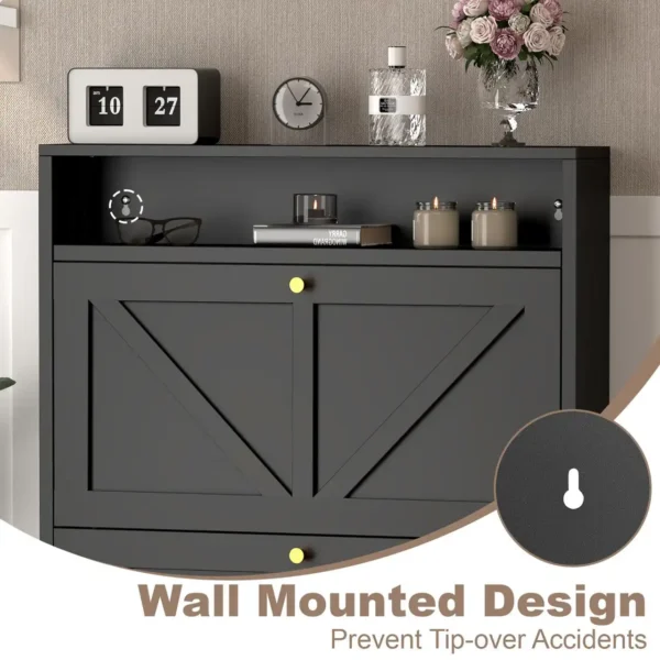 Slim Narrow Shoe Cabinet for Entryway – Wall Mounted Space-Saving Shoe Storage Organizer with Top Open Shelf - Image 8