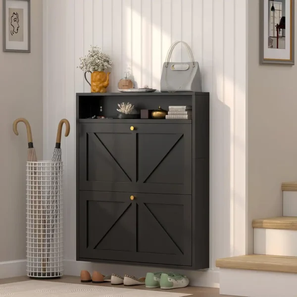 Slim Narrow Shoe Cabinet for Entryway – Wall Mounted Space-Saving Shoe Storage Organizer with Top Open Shelf - Image 7