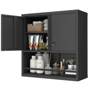 Kitchen Storage Cabinet Wall Mounted with Lockable Doors and Open Shelf – Steel Utility Organizer for Pantry or Laundry Room